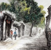 李尤（北京美協）國畫山水畫 四尺斗方《胡同》