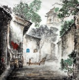李尤（北京美協）國畫山水畫 四尺斗方《庭院深深》